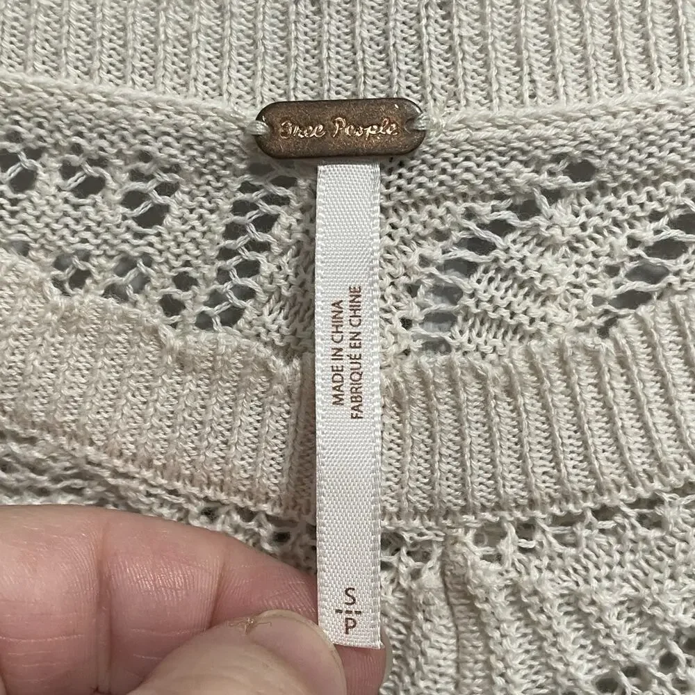 Free People Colette Pointelle Knit Top Size Small Neutral Beige Lace Neck Cuffs